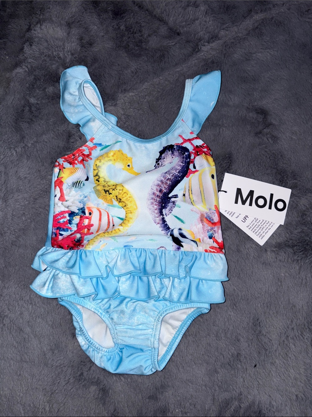 Molo Light Blue Seahorse Ruffle One-Piece Swim Suit
